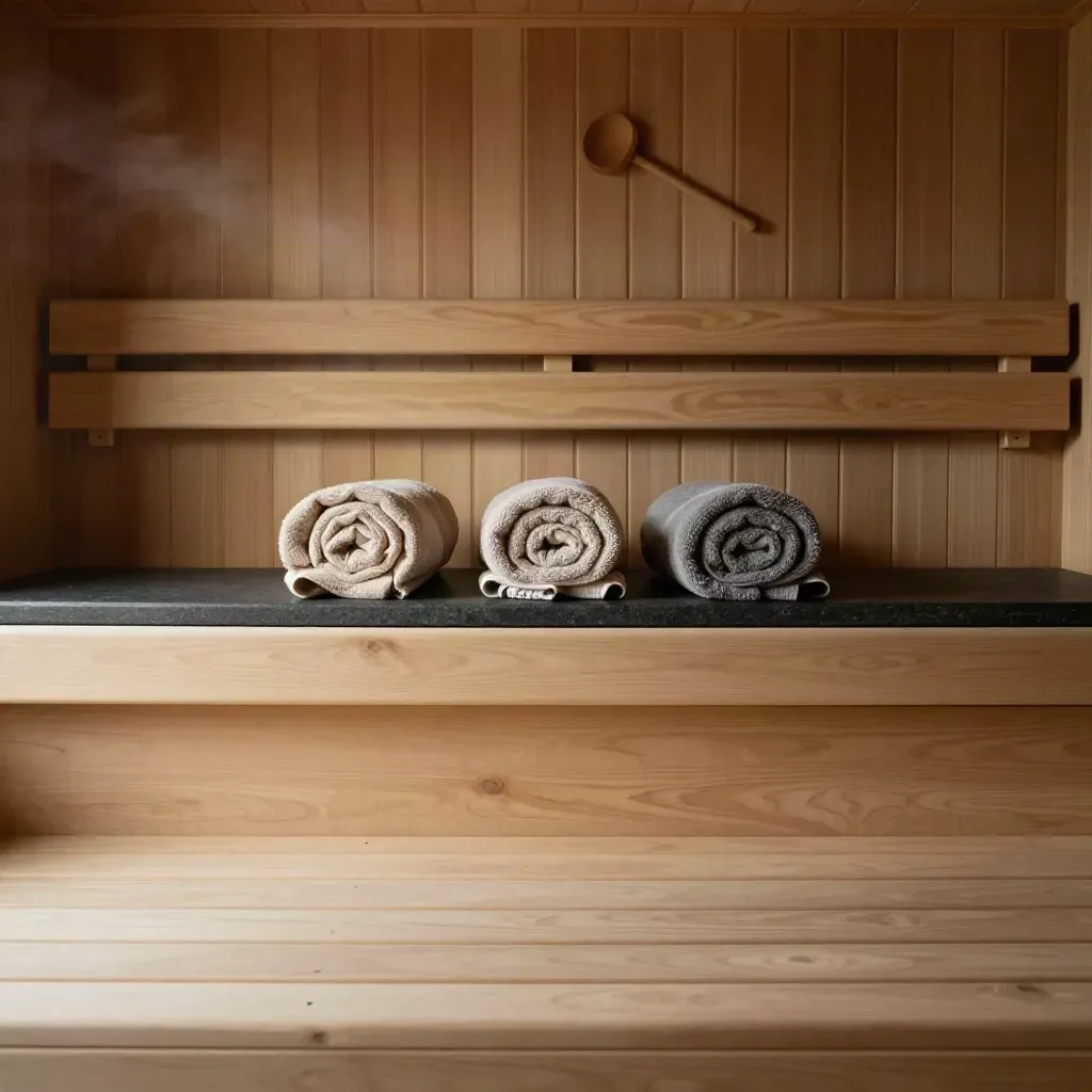 Üstte havlu ve kepçe silüeti olan sakin sauna duvarı ve bazalt raflı spa sahnesi
